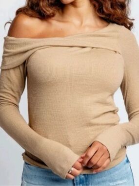 We The Free Addie Off-the-Shoulder Ribbed Sweater in Tan